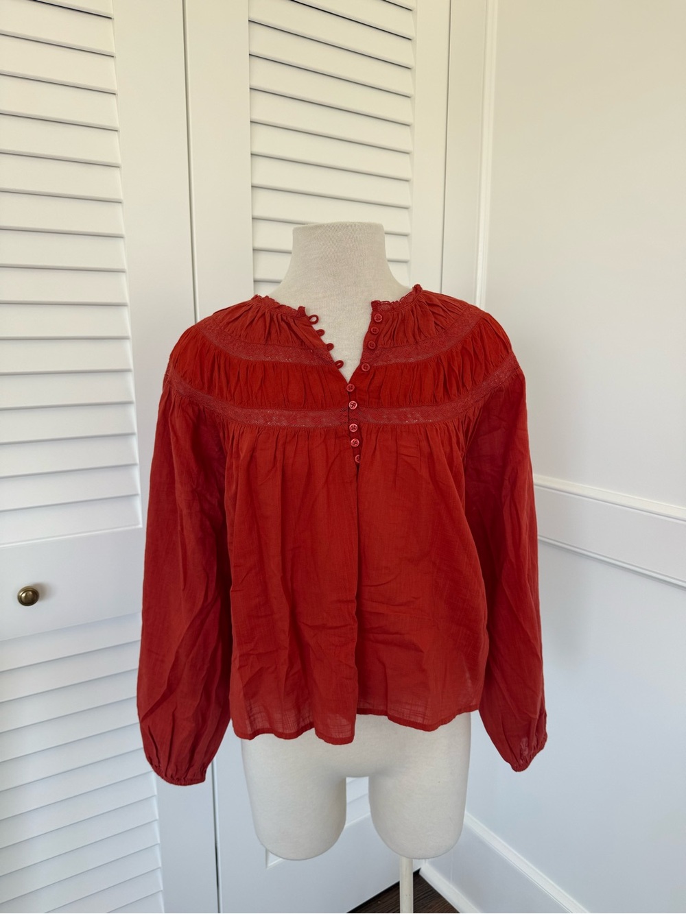THE GREAT. Rust Red Button-Front Blouse